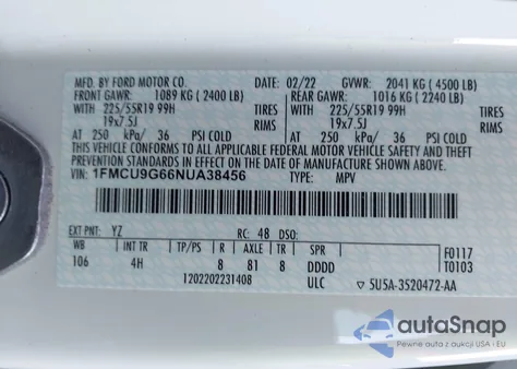 2022 Ford Escape Se from USA, damaged, VIN 1FMCU9G66NUA38456